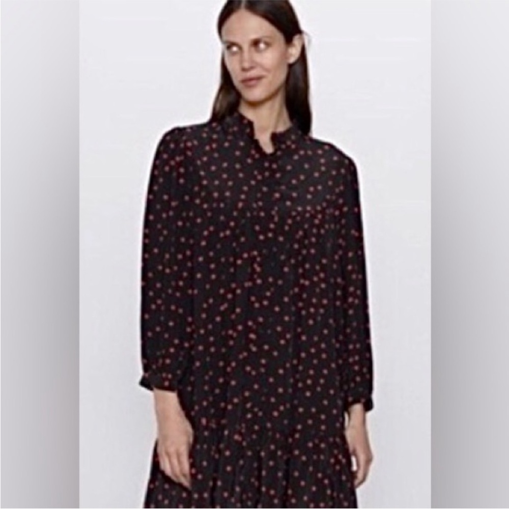 Zara | Women’s Black Button Front Mock Collar Maxi Dress Red/White Polka Dots XS